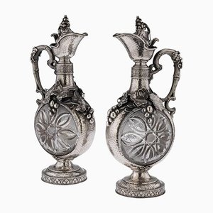 19th Century German Solid Silver & Glass Claret Jugs, 1890, Set of 2