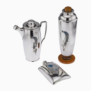 20th Century American Silver & Enamel Cocktail Shakers & Hip Flask, 1927, Set of 3