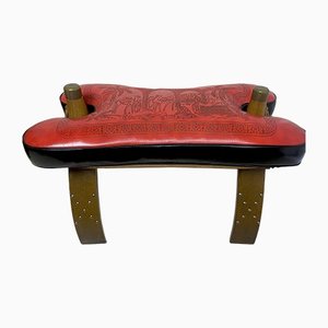 Mid-Century Camel Saddle or Footstool with Printed Red Leather
