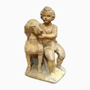 French Terracotta Sculpture of Child with Dog