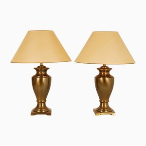 Lampade da tavolo Mid-Century in ottone dorato con paralumi in seta, set di 2