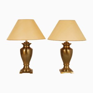 Large Mid-Century Gold Brass Table Lamps & Silk Lampshades, Set of 2
