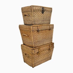 Antique European Wicker Trunk Baskets, Set of 3