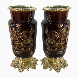 19th Century Earthenware and Bronze Vases by E. Gilles, Set of 2