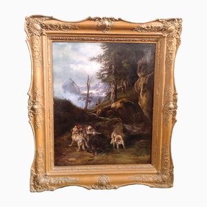 Scena di caccia, XIX secolo, olio su tela, con cornice