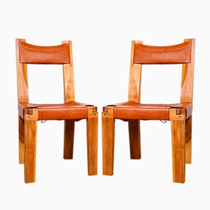 Cognac Leather and Elm Wood Model S11 Chairs by Pierre Chapo, Set of 2