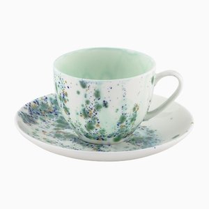 Set of 2 Tea Cups & Saucer Blue Marble