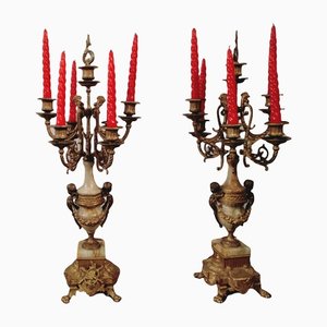 Candelabri a 6 fiamme finemente decorati in ottone, bronzo e onice, set di 2