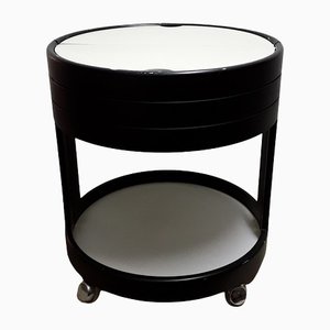 Vintage Black Painted Press Wood with White Plywood Lids Round Side Sewing Tables on Rolls, 1970s