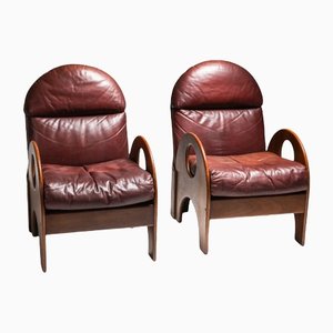 Gae Aulenti Arcata Easy Chairs in Walnut and Burgundy Leather From Poltronova, Set of 2