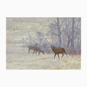 John Lewis Schonborn, Deer in the Mist, 1900s, Oil on Panel, Framed