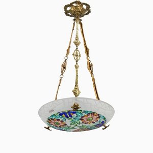 Art Deco Pendant Light in Polychrome Enameled Glass from Loys Lucha, 1930s