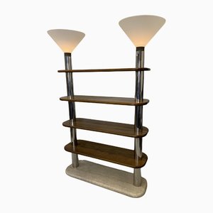 Italian Postmodern Travertine, Wood and Polished Stainless Steel Bookcase