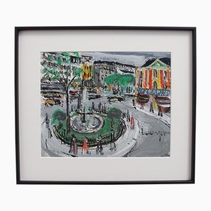 Lucien Génin, Place Pigalle, 1930s, Huile sur Gouache sur Papier, Encadrée