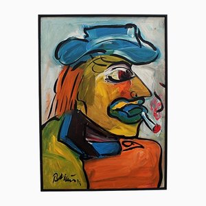Peter Robert Keil, Man with a Hat, 1983, Oil on Board, Framed