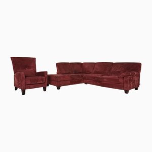 Juego de sofá de tela en rojo oscuro con sofá esquinero y butaca de Ewald Schillig. Juego de 2