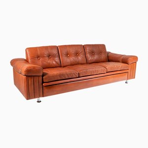 Mid-Century Danish Tan Cognac Leather Three Seater Sofa from Svend Skipper, 1970s