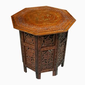 Anglo-Indian Octagonal Carved Folding Table with Brass Inlay