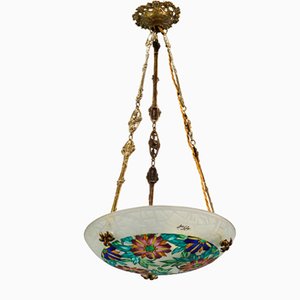 Art Deco Enameled Floral Glass and Bronze Pendant Light from Loys Lucha, 1930s