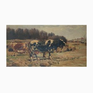Ramón Mestre Vidal, Paysage avec Vaches, 1901, Huile sur Toile, Encadrée