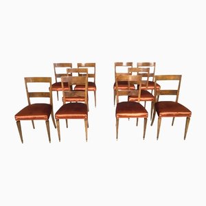 Mid-Century Orange Fabric and Walnut Dining Chairs, Italy, Set of 10