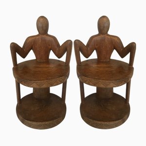 Small African Carved Wood Trunk Chairs, Set of 2