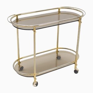 Italian Brass & Smoked Glass Serving Bar Cart, 1950s