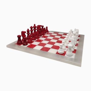 Handmade Red and White Chess Set in Volterra Alabaster, Italy, 1970s, Set of 33