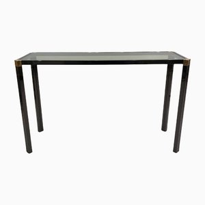 Hollywood Regency Black Brass and Smoked Glass Console Table, 1970s