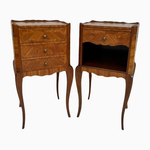 Early 20th Century French Marquetry and Iron Hardware Bedside Tables or Nightstands with Drawers and Open Shelf, Set of 2