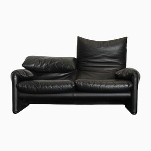 Black Leather Maralunga Sofa by Vico Magistretti for Cassina
