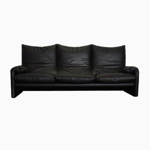 Black Leather Maralunga Sofa by Vico Magistretti for Cassina