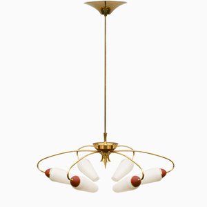 Bordeauxrote Brass Pendant Lamp and White Glass Shields, 1950s