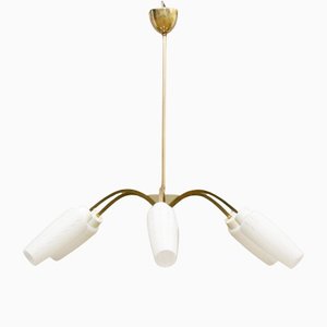 Lampada a sospensione Mid-Century in ottone e vetro bianco