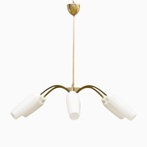 Mid-Century Brass and White Glass Screens 6-Arm Rod Pendant Lamp