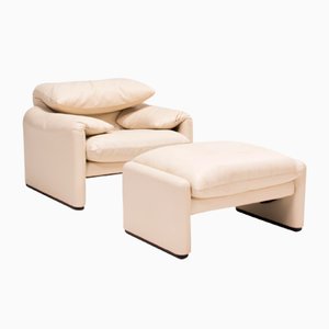 Cream Leather Armchair and Footstool by Vico Magistretti Maralunga for Cassina, Set of 2
