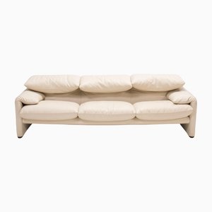 Cream Leather Three Seater Sofa by Vico Magistretti Maralunga for Cassina