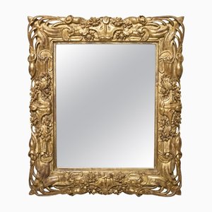 Art Nouveau Style Rectangular Gold Foil Hand Carved Wooden Mirror, 1970s