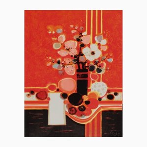 Frédéric Menguy, Bouquet Fond Rouge, 1973, Lithograph on Arches Paper