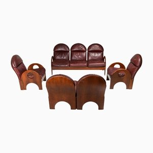 Walnut and Burgundy Leather Arcata Living Room Set by Gae Aulenti for Poltronova, 1968, Set of 4