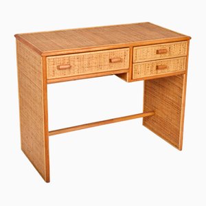 Mid-Century Italian Bamboo and Wicker Desk with Drawers, 1980s