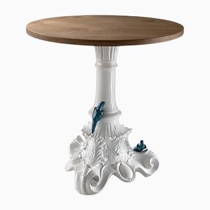 Baroque Coffee Table with Natural Oak Top and Magnetic Parrots in White from Rebirth Ceramics