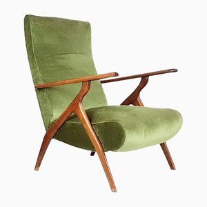 Green Velvet and Wood Reclining Armchair, 1950s