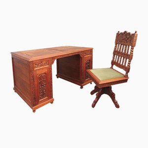 Art Deco Dutch Colonial Carved Desk & Swivel Chair, 1930s, Set of 2