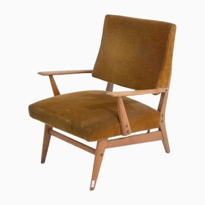 Velvet Armchair with Wooden Armrests