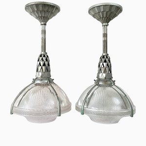 Antike Art Deco Vintage Holophane Prismenglas Deckenlampen von Émile-Jacques Ruhlmann für Gallery Le Bon Marché, 2er Set
