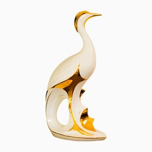 Ceramic Heron in White and Gold Lacquer, Italy, 1970s
