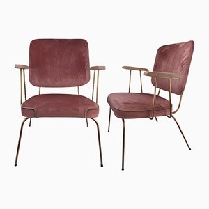 Mid-Century Modern Gold Metal Chrome Judy Chairs with Pink Velvet, Set of 4