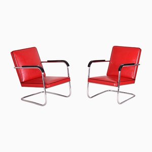 Poltrone Bauhaus rosse di Anton Lorenz per Thonet, Germania, anni '30, set di 2