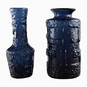 Blaue mundgeblasene Glasvasen von Göte Augustsson für Ruda, 2er Set